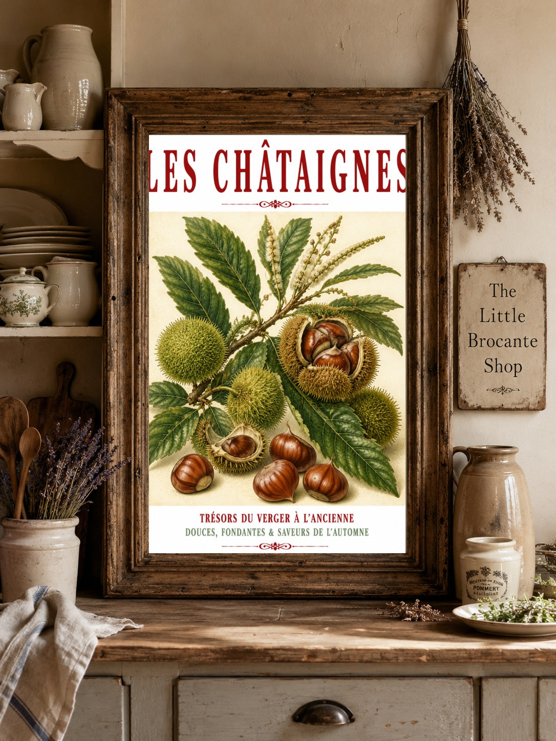 Illustrated French Chestnut Print | French Kitchen Wall Art, Illustrated French, Botanical, French Country, Rustic, Autumnal, Woodland Botanical, Traditional Botanical Illustration, French Kitchen, Country Kitchen, Cottage Style wall artwork.