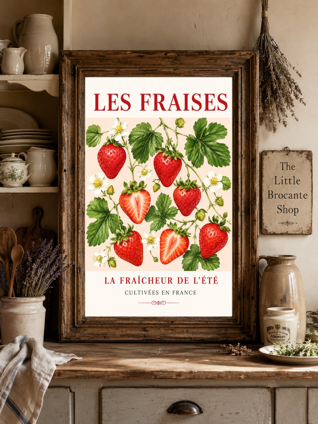 Les Fraises – French Strawberry Illustrated Print | French Fruit & Kitchen Wall Art, French Botanical, Illustrated French, French Country, Country Kitchen, Botanical Illustration, Cottage, European Kitchen, Fruit Art wall artwork.