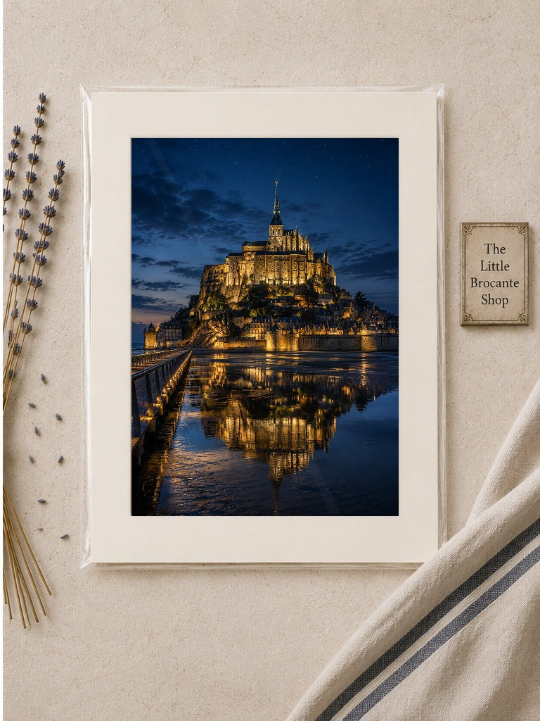 Mont Saint-Michel at Night – Illuminated Normandy Print | French Coastal Wall Art, French Country, Contemporary French, Classic European, Dark Academia, Heritage, Traditional, Modern Country, Moody Interior, Coastal, Rustic European, Contemporary wall artwork.