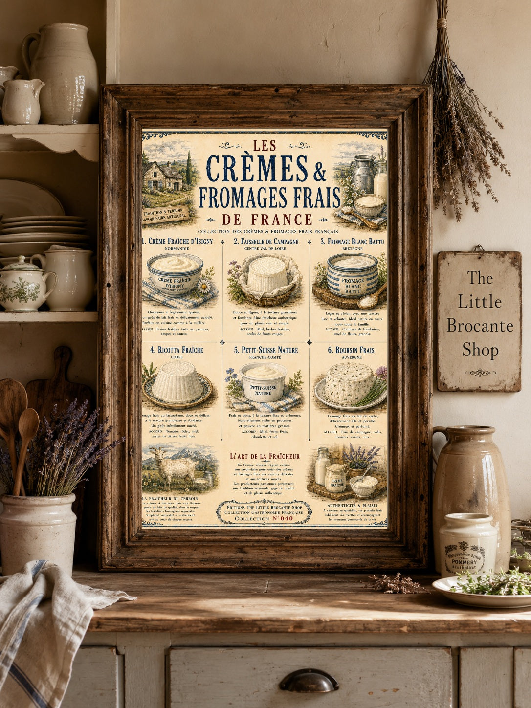 Les Crèmes & Fromages Frais – Vintage French Dairy Print | French Kitchen Wall Art, French Country, French Farmhouse, Cottagecore, Rustic Country, Traditional Kitchen, Brocante, Vintage, European Farmhouse, Provincial French, Country Cottage, Blue & White Kitchen wall artwork.