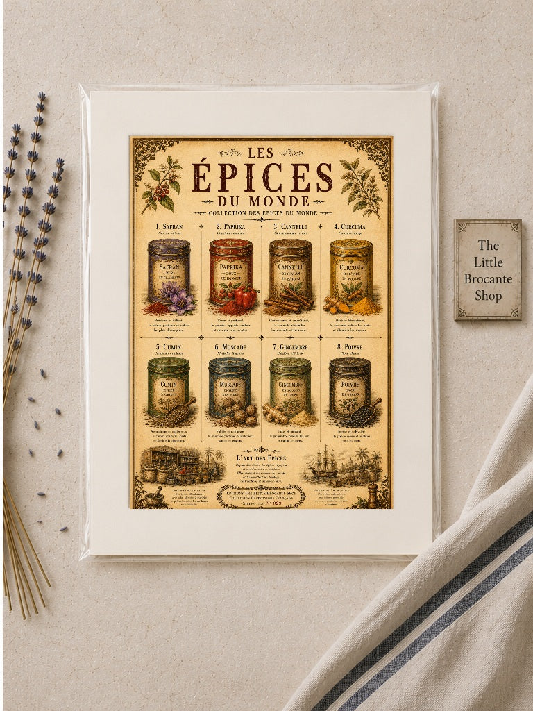 Les Épices du Monde Vintage French Spice Print | Kitchen Wall Art | Culinary Poster, French country wall artwork.