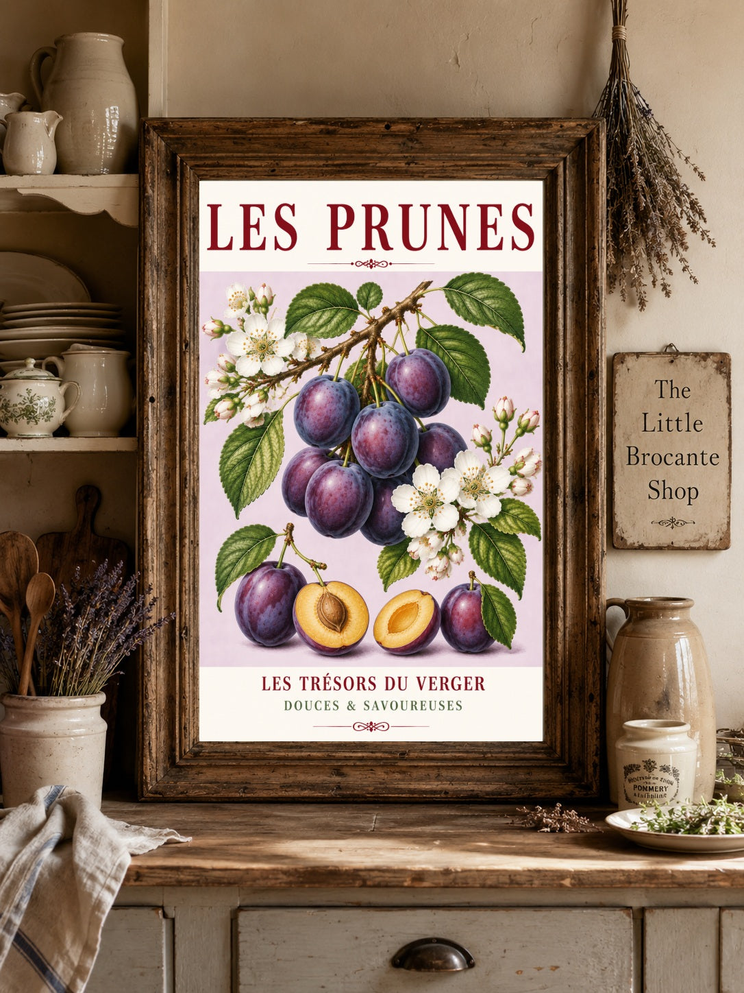 Illustrated French Plum Print - Les Prunes | French Kitchen Wall Art, Illustrated French, Botanical, French Country, Fruit Illustration, Orchard Inspired, Country Kitchen, Cottage Style, French Inspired wall artwork.