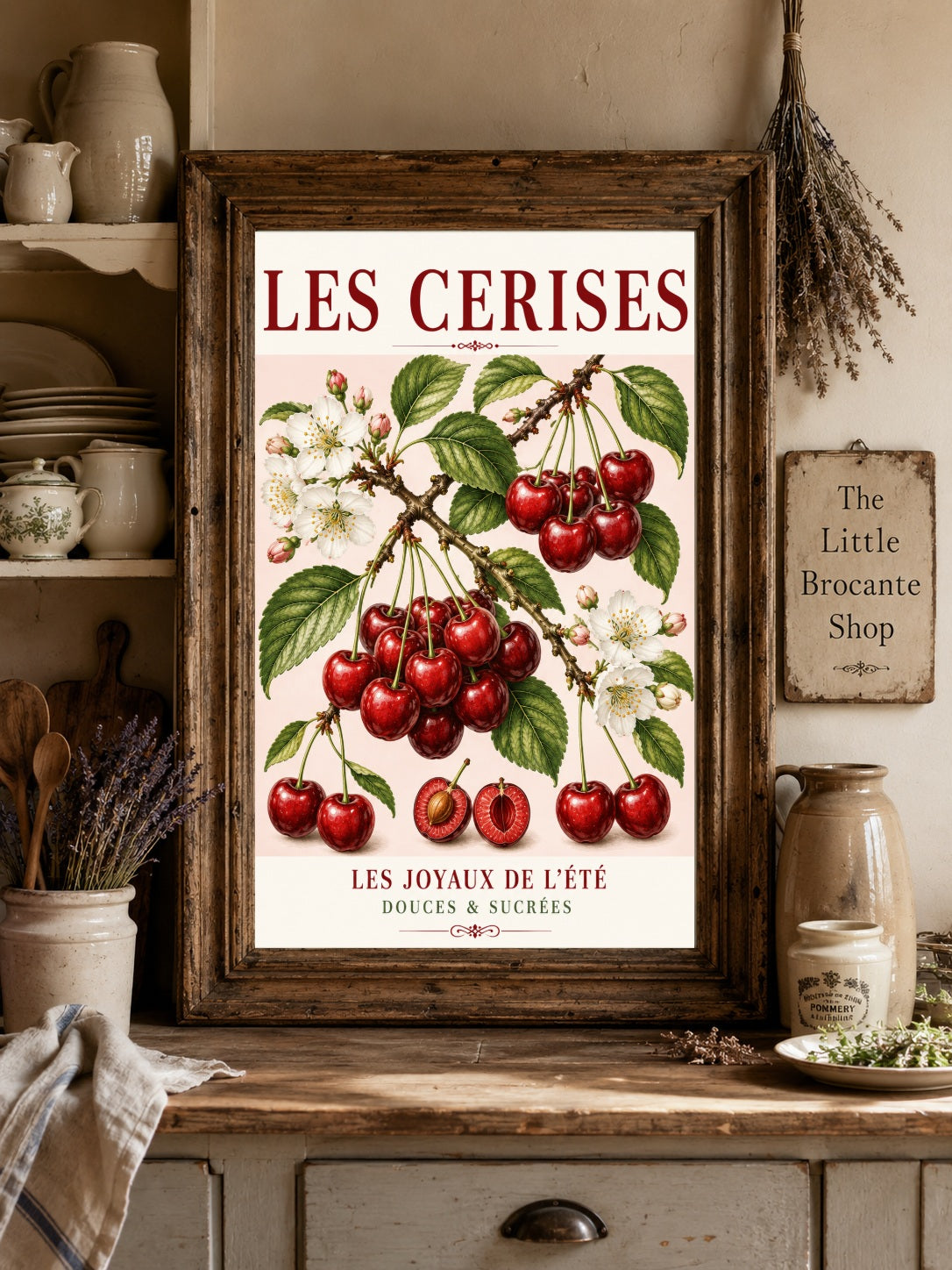 Les Cerises – Illustrated French Cherry Print | French Kitchen Wall Art, Illustrated French, Botanical, French Country, Country Kitchen, Fruit Illustration, European Kitchen, Cottage Style wall artwork.