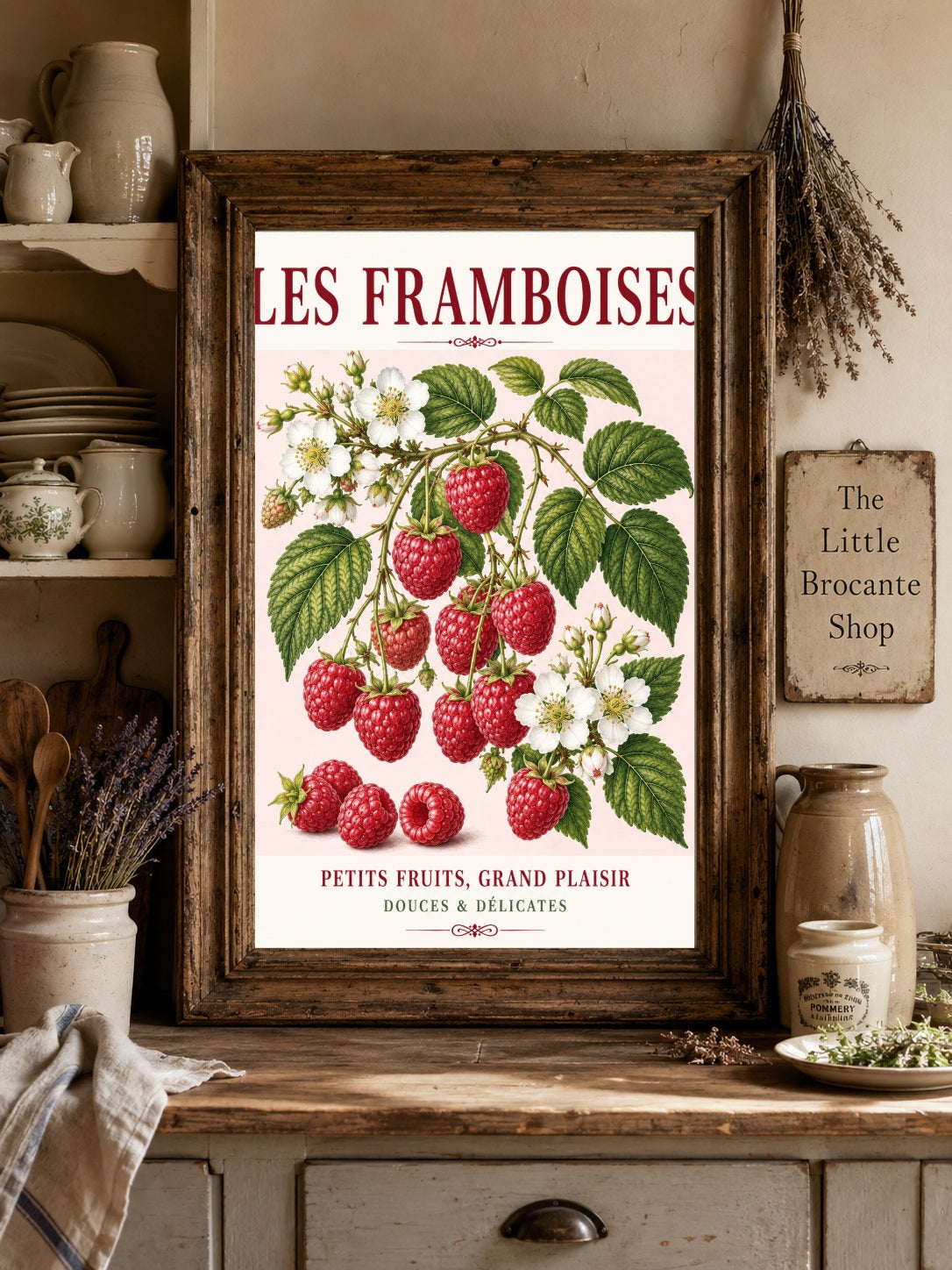 Les Framboises – Illustrated French Raspberry Print | French Kitchen Wall Art, Illustrated French, Botanical, French Country, Fruit Illustration, Kitchen Garden, Country Kitchen, Cottage Style, French Inspired wall artwork.