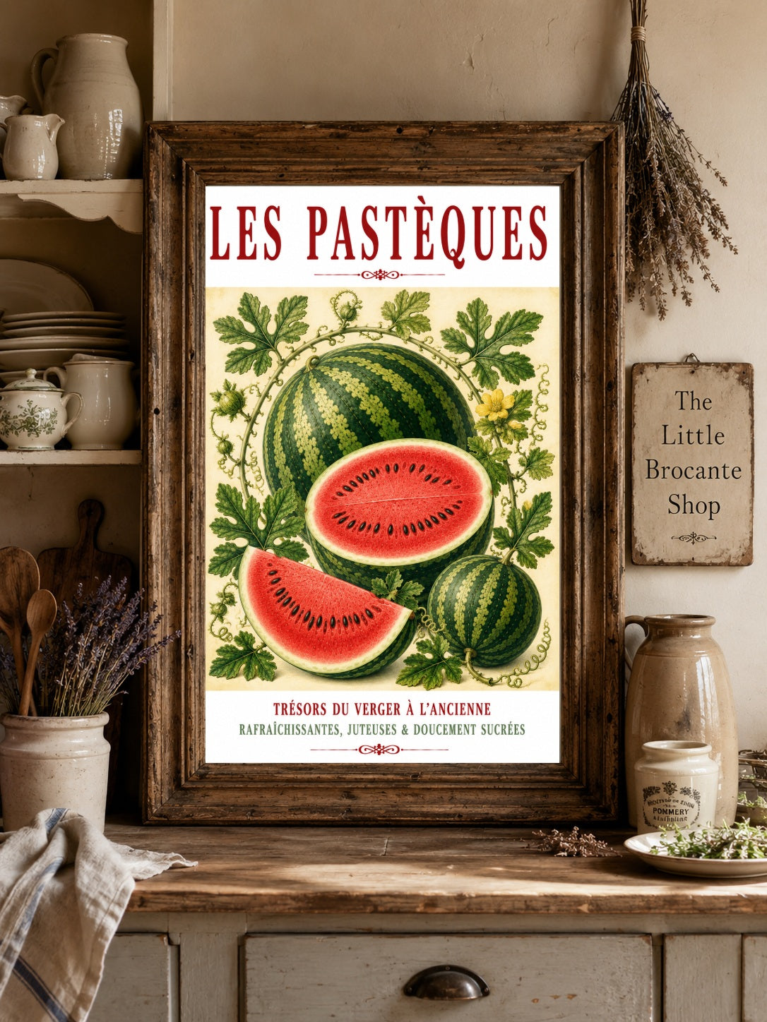 Illustrated French Watermelon Print | French Kitchen Wall Art, Illustrated French, Botanical, French Country, Mediterranean, Fruit Illustration, French Kitchen, Country Kitchen, Cottage Style, Summer Inspired, Botanical Wall Art wall artwork.