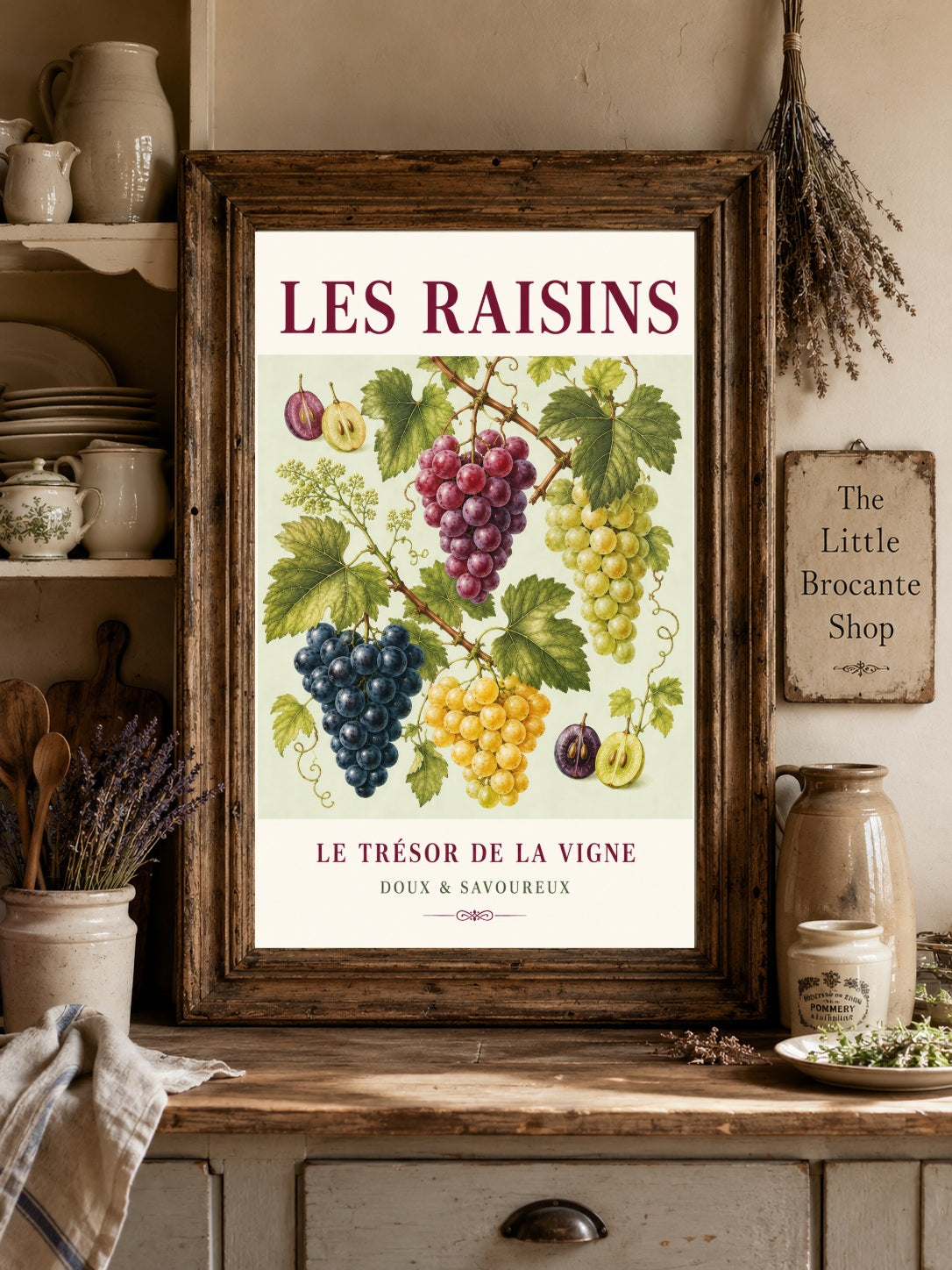 Les Raisins – Illustrated French Grape Print | French Kitchen Wall Art, Illustrated French, Botanical, French Country, Vineyard Inspired, Fruit Illustration, Country Kitchen, European Kitchen, Rustic Country wall artwork.