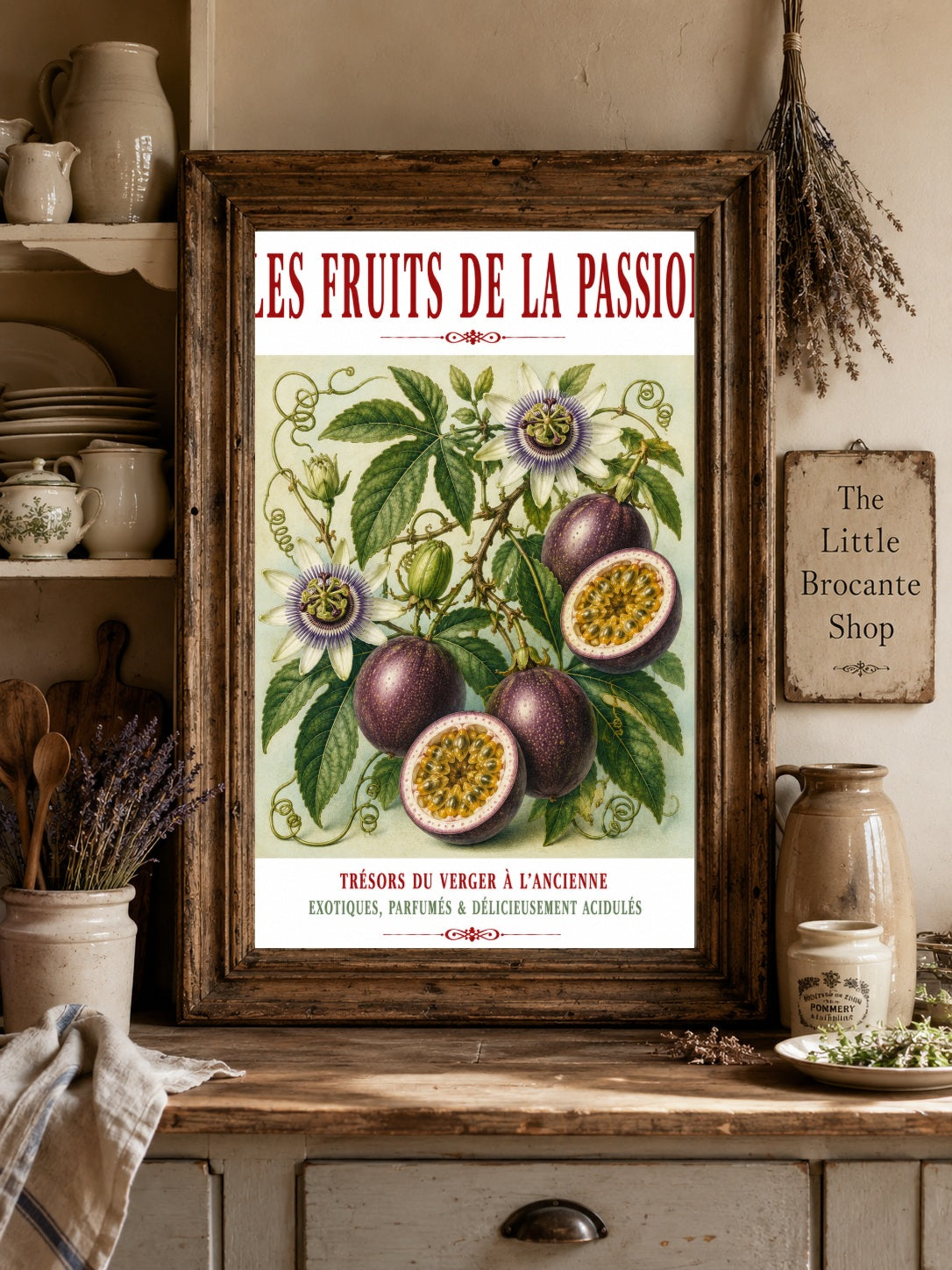 Illustrated French Passion Fruit Print | French Kitchen Wall Art, Illustrated French, Botanical, French Country, Exotic Botanical, French Kitchen, Traditional Botanical Illustration, Country Kitchen, Cottage Style, Botanical Wall Art wall artwork.