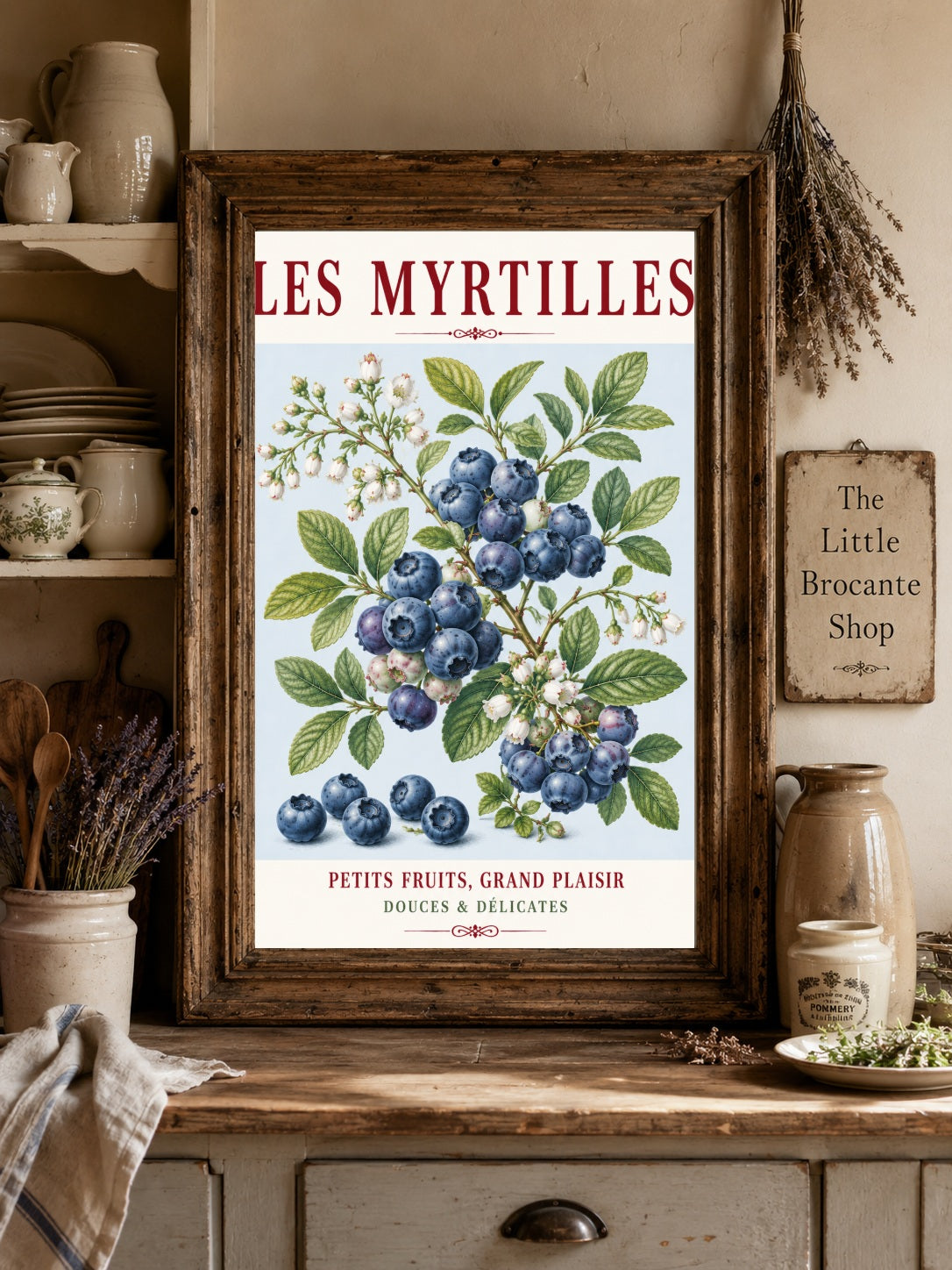 French Blueberry Print - Les Myrtilles | French Kitchen Wall Art, Illustrated French, Botanical, French Country, Fruit Illustration, Country Kitchen, French Countryside, Cottage Style, Botanical Wall Art wall artwork.