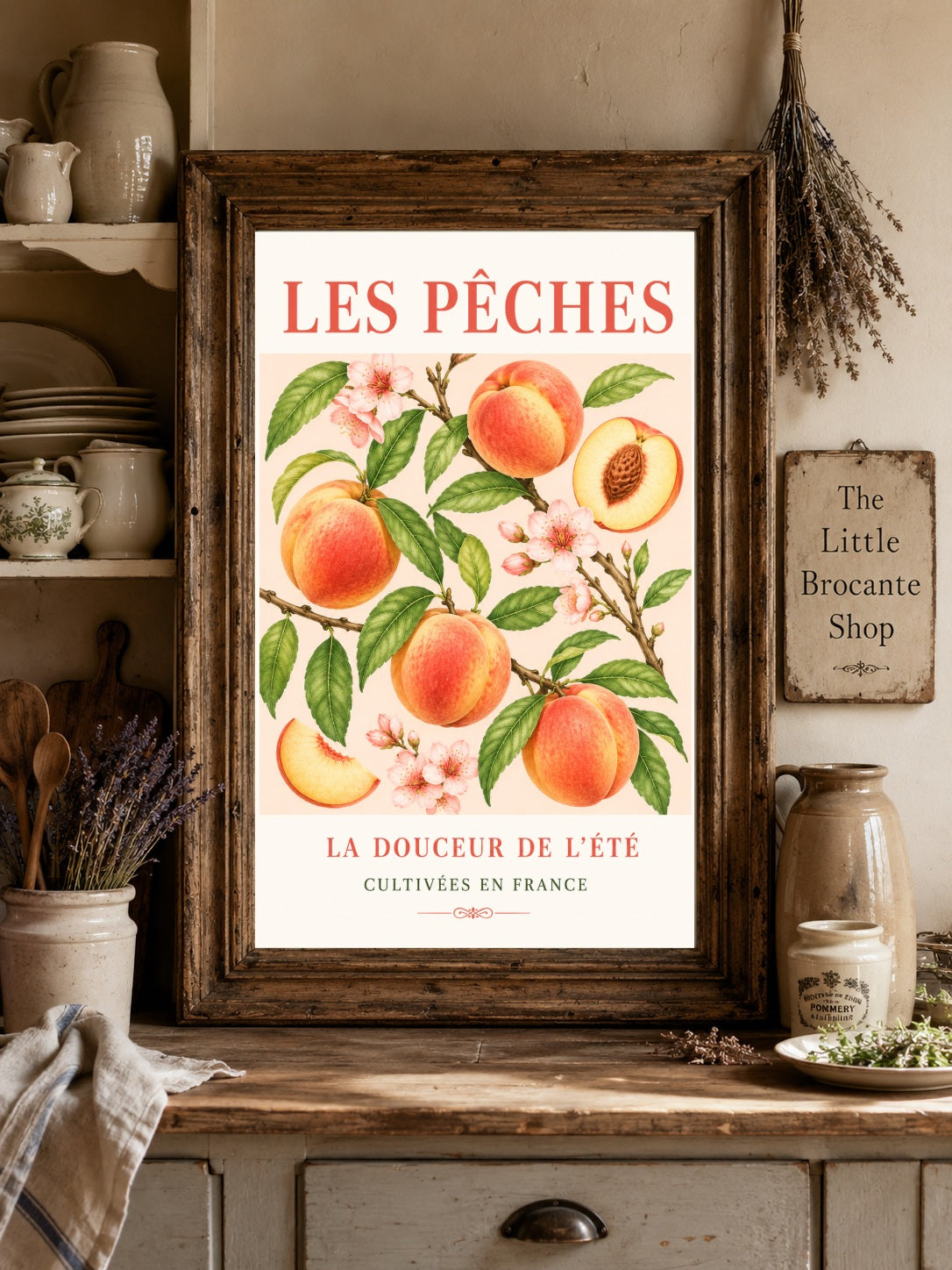 Les Pêches – Illustrated French Peach Print | French Kitchen Wall Art, Illustrated French, Botanical, French Country, Fruit Illustration, Orchard Inspired, Country Kitchen, Cottage Style, Provence Inspired wall artwork.