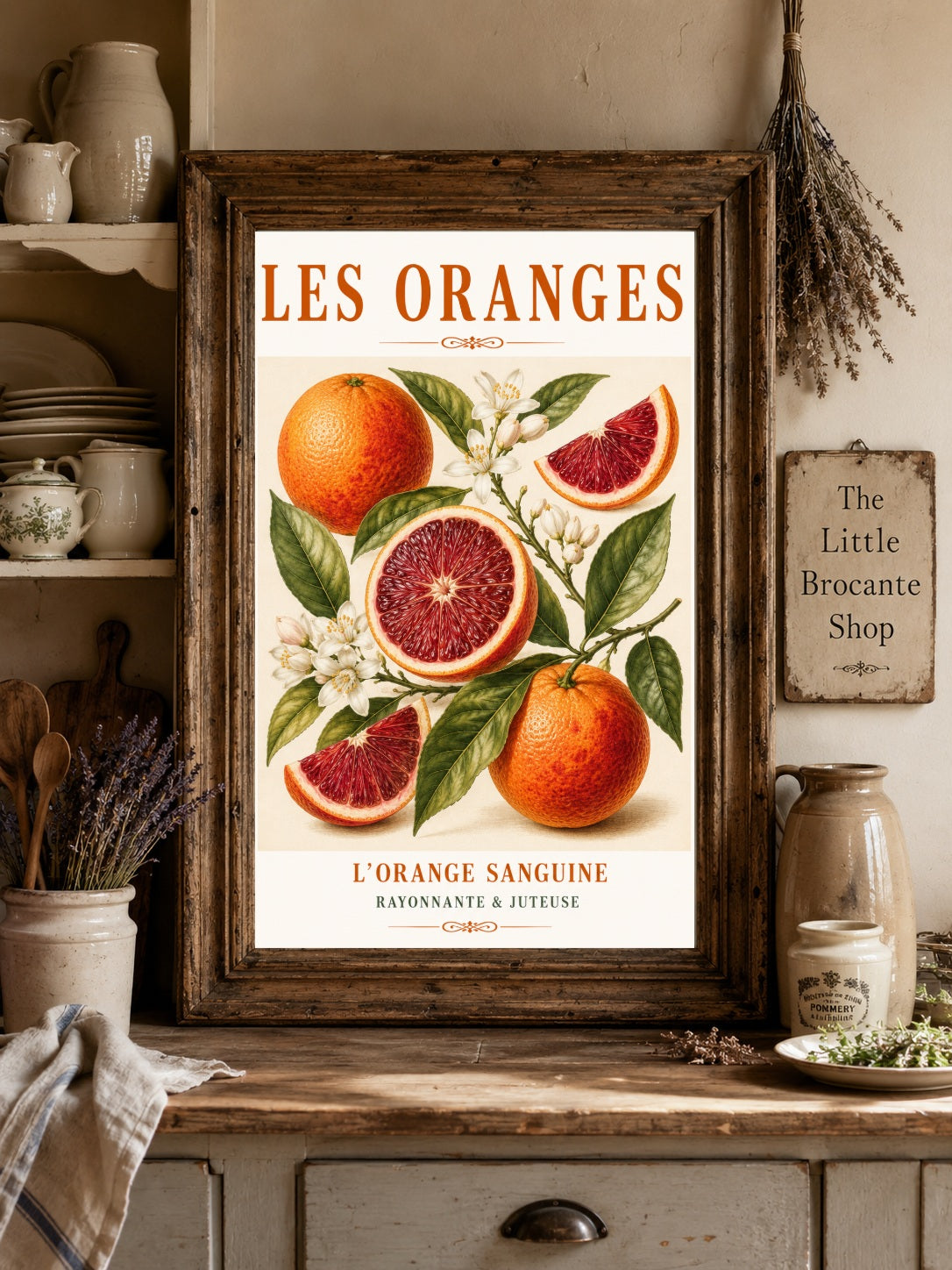 L’Orange Sanguine – Illustrated French Blood Orange Print | French Kitchen Wall Art, Illustrated French, Botanical, French Country, Mediterranean, Country Kitchen, Fruit Illustration, European Kitchen wall artwork.