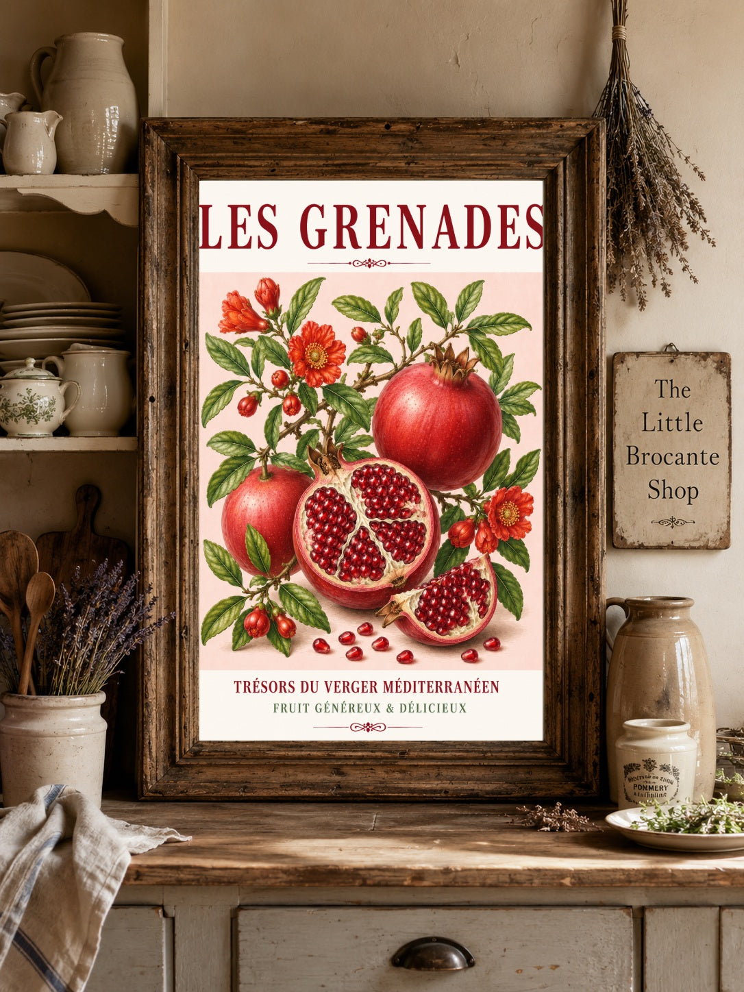 French Pomegranate Illustrated Print | French Kitchen Wall Art, Illustrated French, Botanical, Mediterranean, French Country, Fruit Illustration, Country Kitchen, French Countryside, Botanical Wall Art wall artwork.