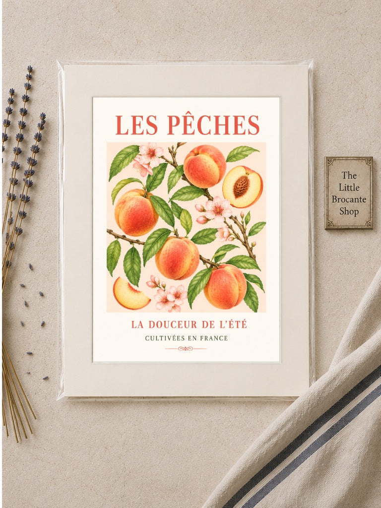 Les Pêches – Illustrated French Peach Print | French Kitchen Wall Art, Illustrated French, Botanical, French Country, Fruit Illustration, Orchard Inspired, Country Kitchen, Cottage Style, Provence Inspired wall artwork.