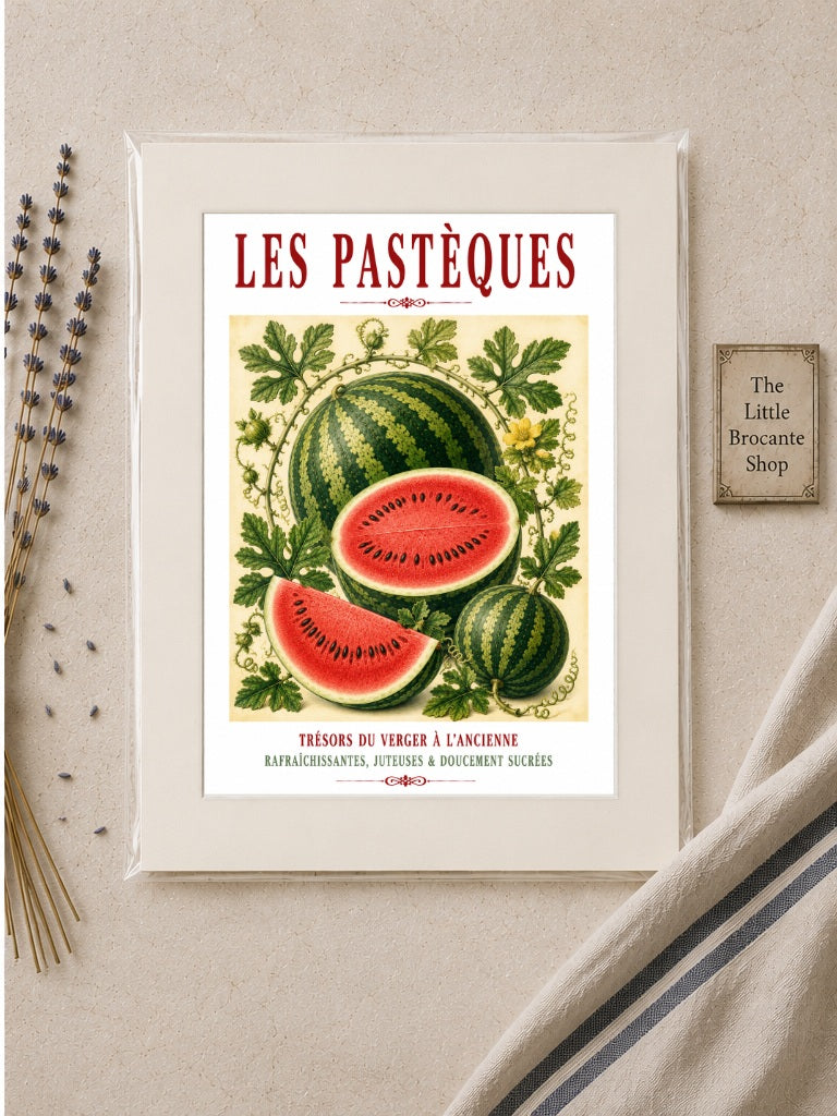 Illustrated French Watermelon Print | French Kitchen Wall Art, Illustrated French, Botanical, French Country, Mediterranean, Fruit Illustration, French Kitchen, Country Kitchen, Cottage Style, Summer Inspired, Botanical Wall Art wall artwork.