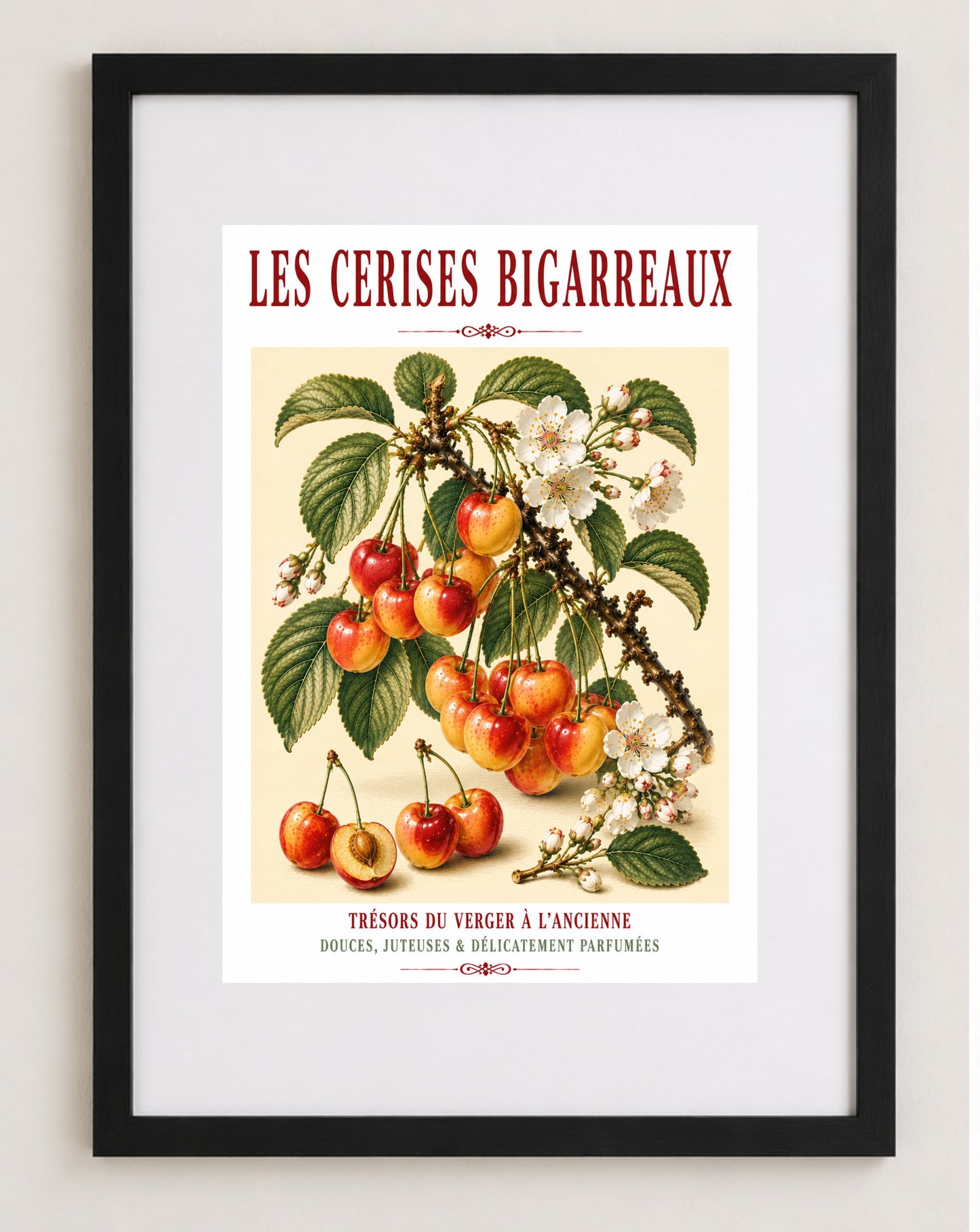 Les Cerises Bigarreaux – Illustrated French Cherry Print | French Kitchen Wall Art, Illustrated French, Botanical, French Country, Orchard Art, Fruit Illustration, French Kitchen, Country Kitchen, French Provincial, Botanical Wall Art wall artwork.