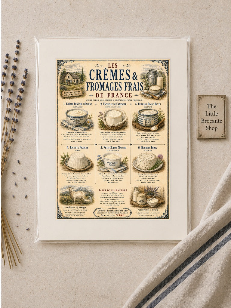 Les Crèmes & Fromages Frais – Vintage French Dairy Print | French Kitchen Wall Art, French Country, French Farmhouse, Cottagecore, Rustic Country, Traditional Kitchen, Brocante, Vintage, European Farmhouse, Provincial French, Country Cottage, Blue & White Kitchen wall artwork.