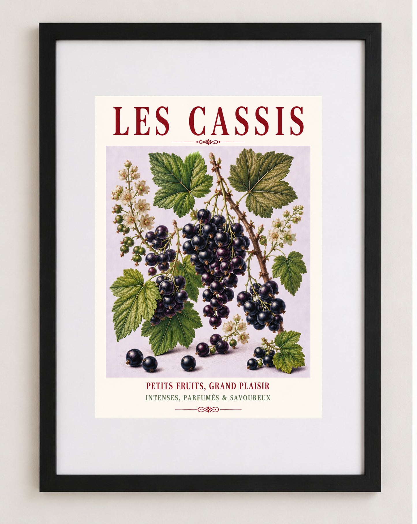 Illustrated French Blackcurrant Print - Les Cassis | French Kitchen Wall Art, Illustrated French, Botanical, French Country, Berry Illustration, Fruit Illustration, Country Kitchen, French Countryside, Cottage Style, Botanical Wall Art wall artwork.