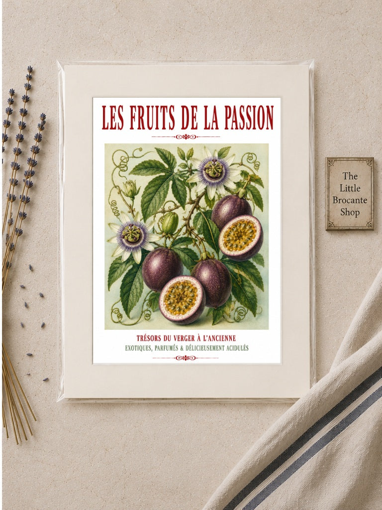 Illustrated French Passion Fruit Print | French Kitchen Wall Art, Illustrated French, Botanical, French Country, Exotic Botanical, French Kitchen, Traditional Botanical Illustration, Country Kitchen, Cottage Style, Botanical Wall Art wall artwork.