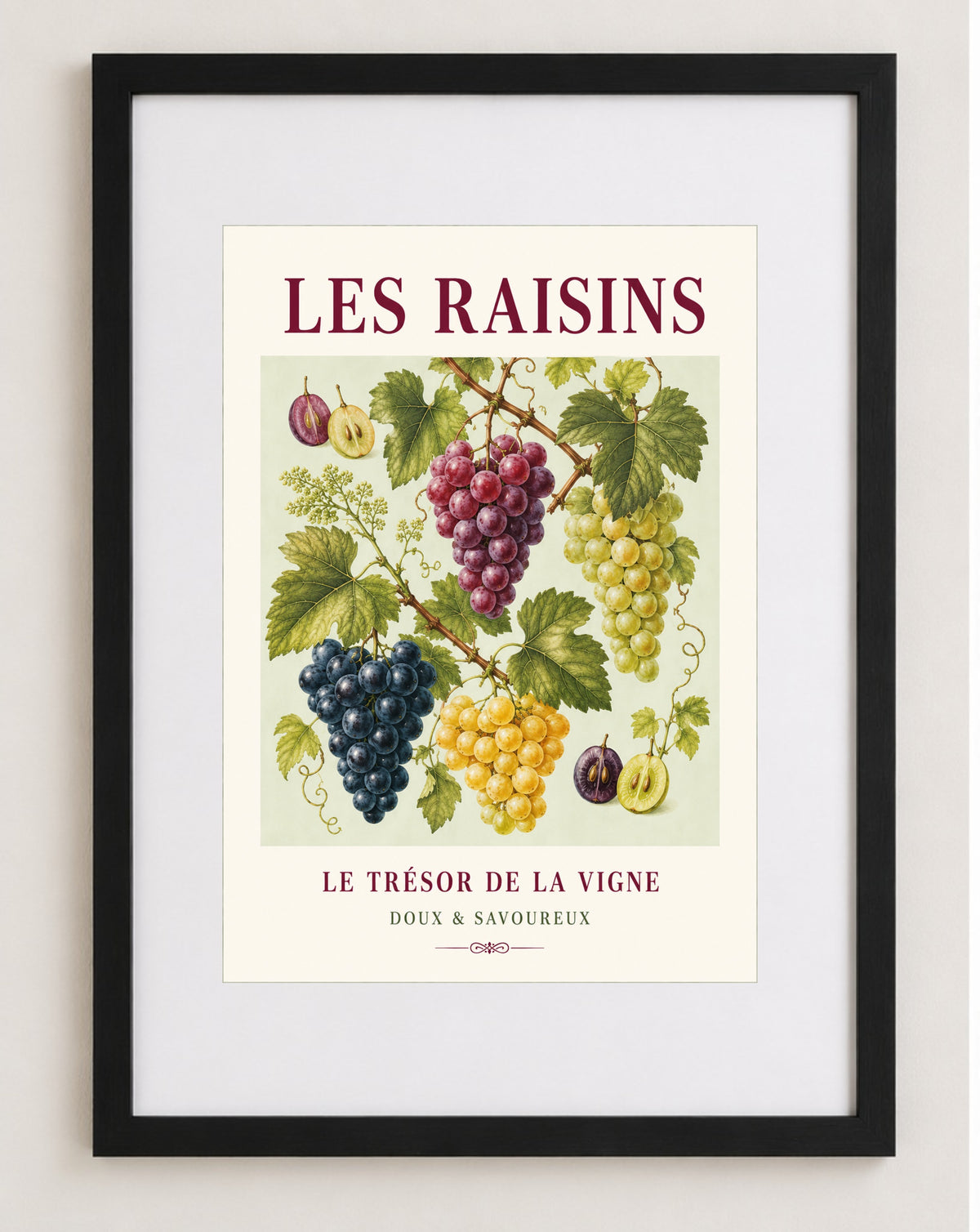 Les Raisins – Illustrated French Grape Print | French Kitchen Wall Art, Illustrated French, Botanical, French Country, Vineyard Inspired, Fruit Illustration, Country Kitchen, European Kitchen, Rustic Country wall artwork.