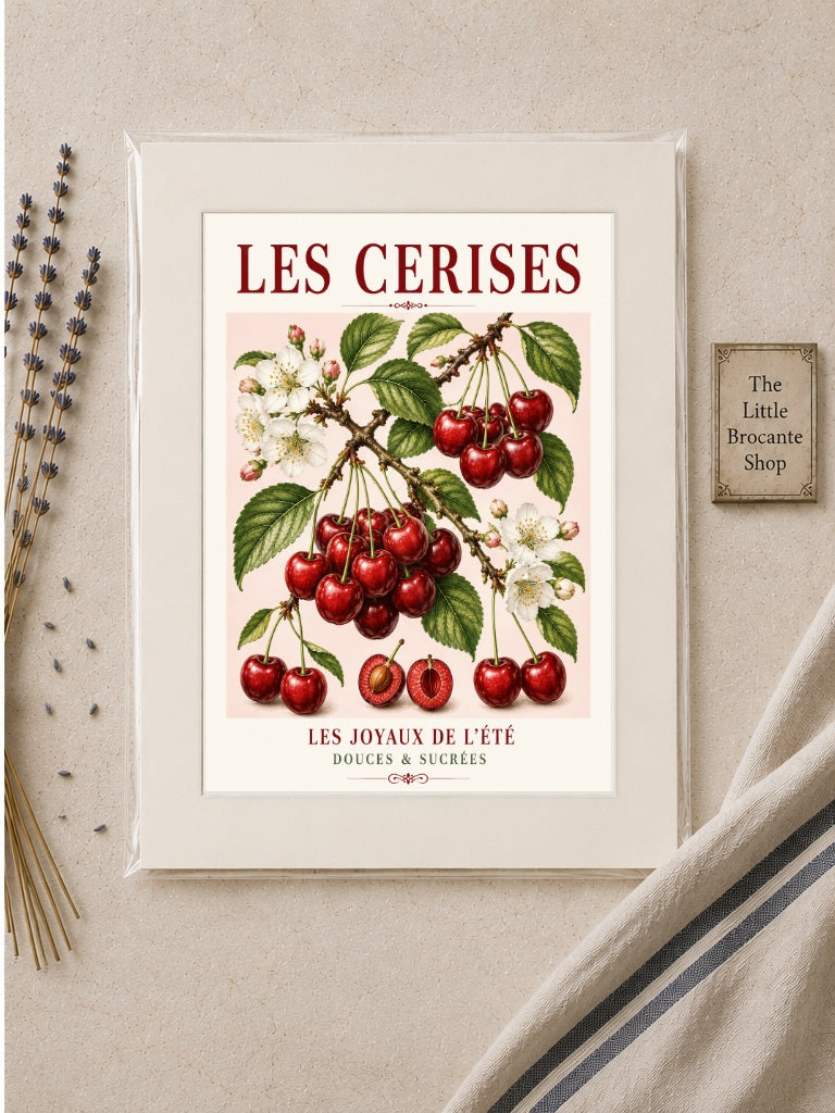 Les Cerises – Illustrated French Cherry Print | French Kitchen Wall Art, Illustrated French, Botanical, French Country, Country Kitchen, Fruit Illustration, European Kitchen, Cottage Style wall artwork.