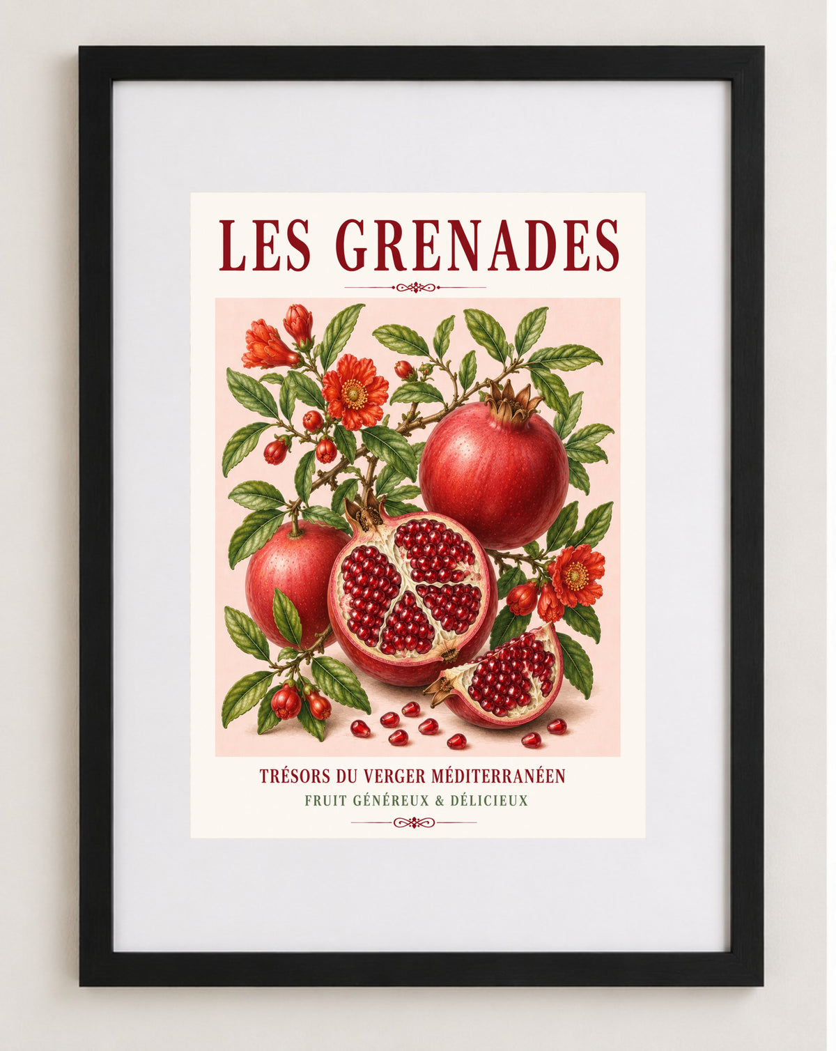 French Pomegranate Illustrated Print | French Kitchen Wall Art, Illustrated French, Botanical, Mediterranean, French Country, Fruit Illustration, Country Kitchen, French Countryside, Botanical Wall Art wall artwork.