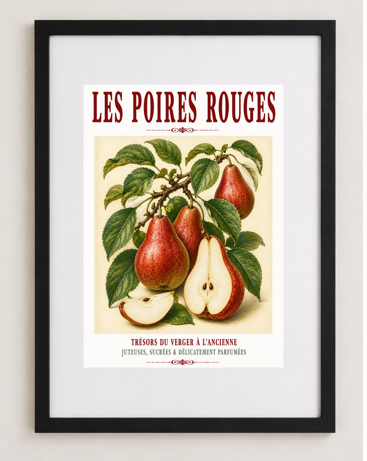 Les Poires Rouges – Illustrated French Red Pear Print | French Kitchen Wall Art, Illustrated French, Botanical, French Country, Orchard Inspired, Country Kitchen, Fruit Illustration, Rustic Country, Cottage Style wall artwork.