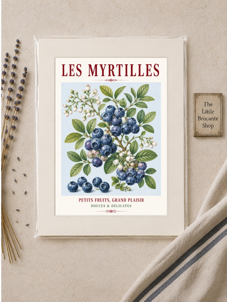 French Blueberry Print - Les Myrtilles | French Kitchen Wall Art, Illustrated French, Botanical, French Country, Fruit Illustration, Country Kitchen, French Countryside, Cottage Style, Botanical Wall Art wall artwork.