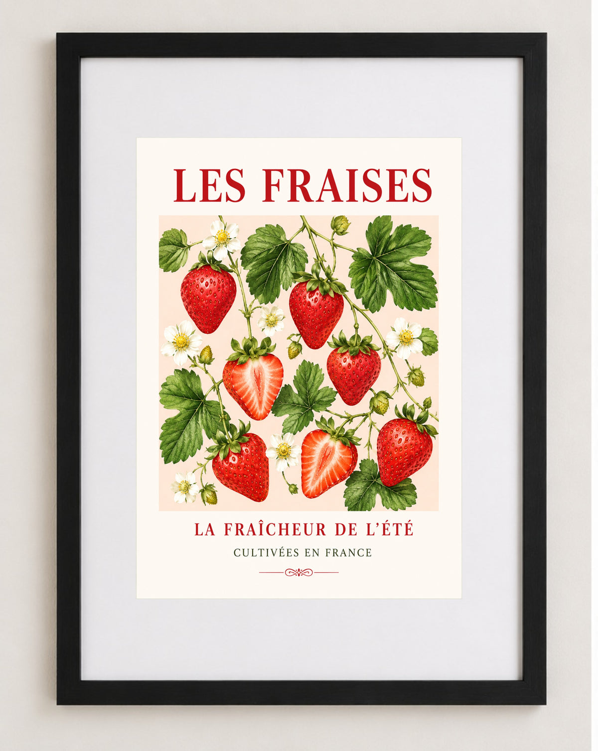 Les Fraises – French Strawberry Illustrated Print | French Fruit & Kitchen Wall Art, French Botanical, Illustrated French, French Country, Country Kitchen, Botanical Illustration, Cottage, European Kitchen, Fruit Art wall artwork.