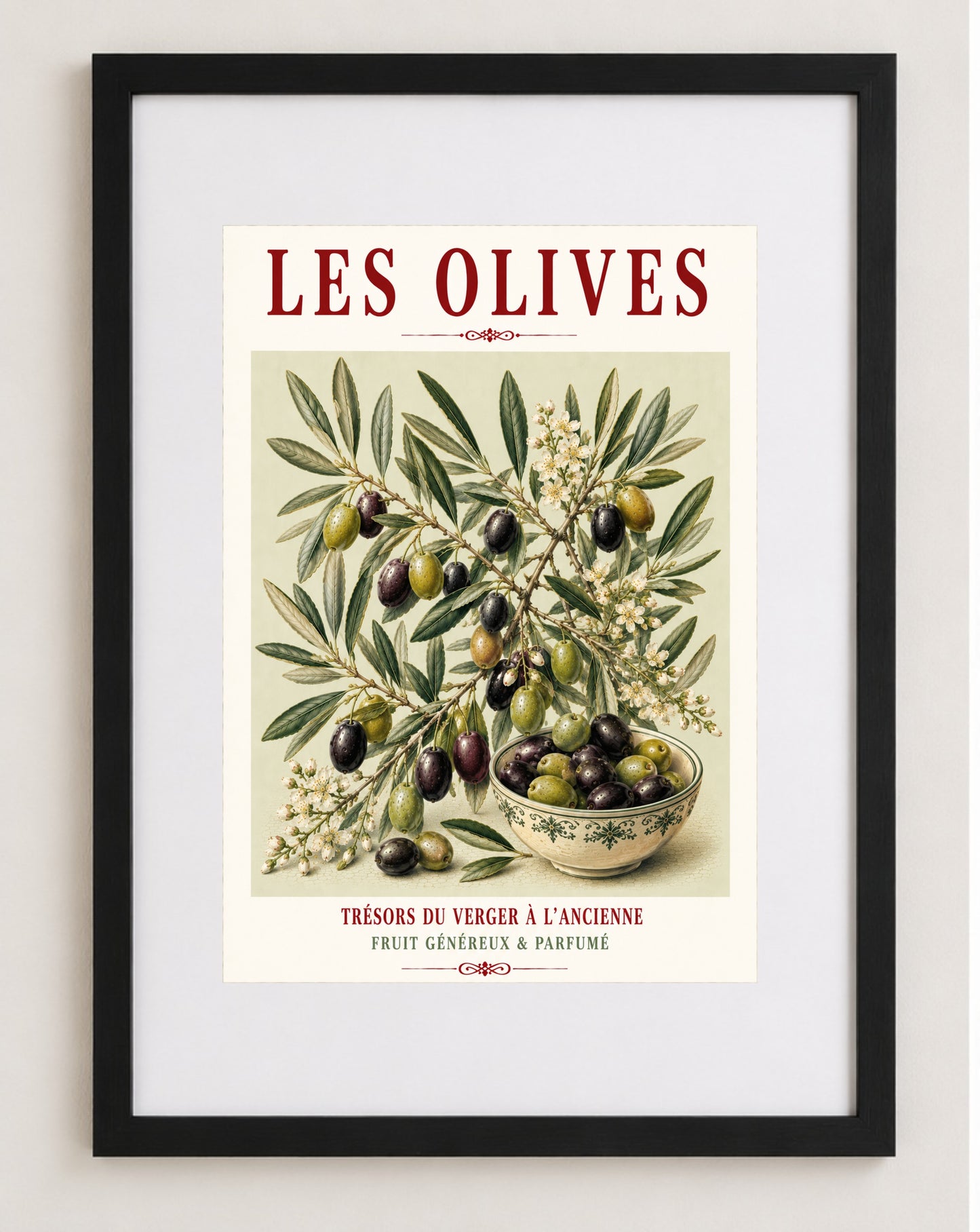 Illustrated French Olive Print | Mediterranean Kitchen Wall Art, Illustrated French, Botanical, French Country, Provençal, Mediterranean, Olive Grove, French Kitchen, Country Kitchen, Rustic European, Botanical Wall Art wall artwork.