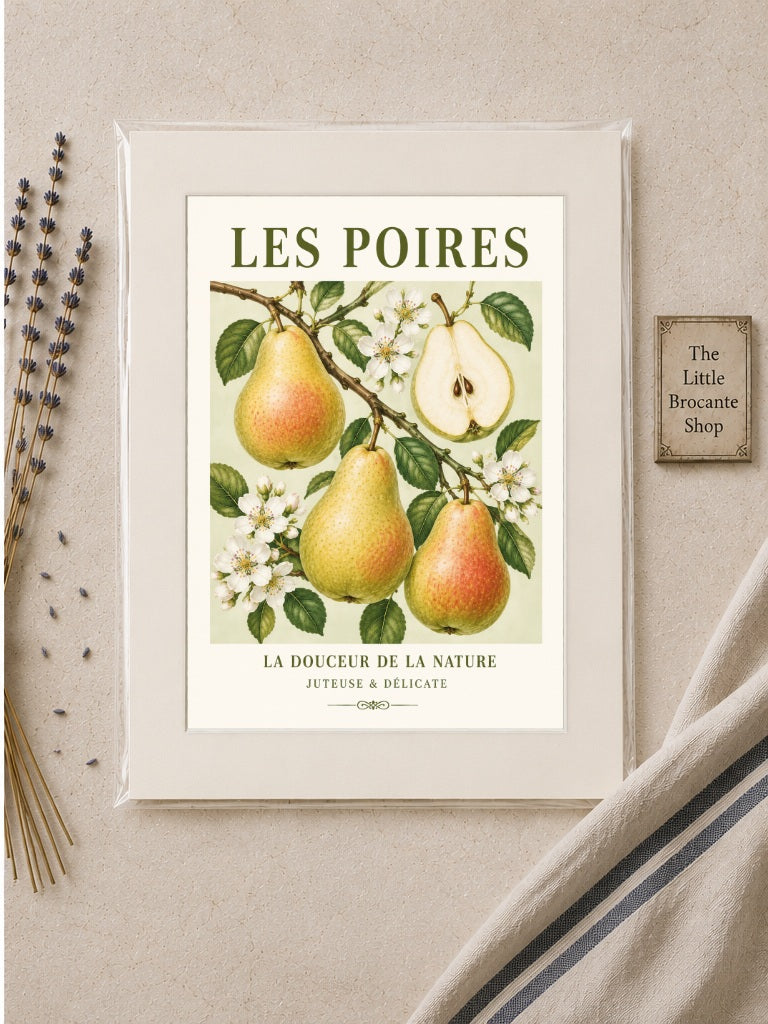 Les Poires – Illustrated French Pear Print | French Kitchen Wall Art, Illustrated French, Botanical, French Country, Country Kitchen, Orchard Inspired, Fruit Illustration, Cottage Style, Rustic Country wall artwork.