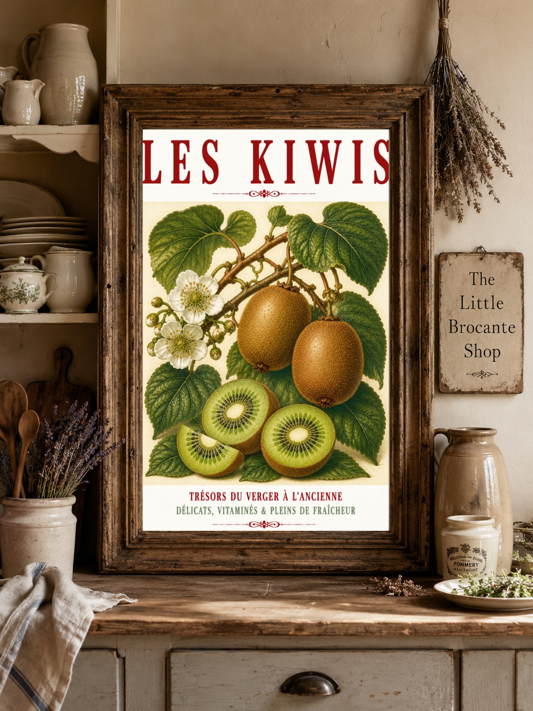 Illustrated French Kiwi Fruit Print | French Kitchen Wall Art, Illustrated French, Botanical, French Country, Fruit Illustration, Traditional Botanical, Rustic Kitchen, Country Kitchen, French Kitchen, Cottage Style, Botanical Wall Art wall artwork.