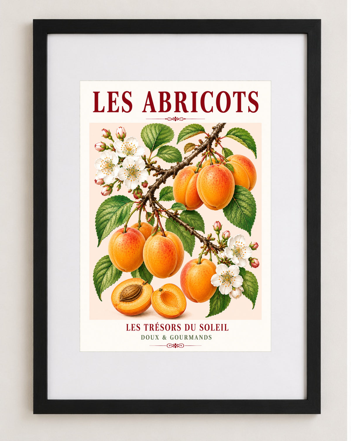 Les Abricots – Illustrated French Apricot Print | French Kitchen Wall Art, Illustrated French, Botanical, French Country, Fruit Illustration, Orchard Inspired, Country Kitchen, Cottage Style, Provence Inspired, Mediterranean Inspired wall artwork.