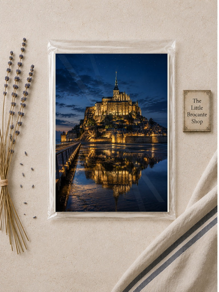 Mont Saint-Michel at Night – Illuminated Normandy Print | French Coastal Wall Art, French Country, Contemporary French, Classic European, Dark Academia, Heritage, Traditional, Modern Country, Moody Interior, Coastal, Rustic European, Contemporary wall artwork.