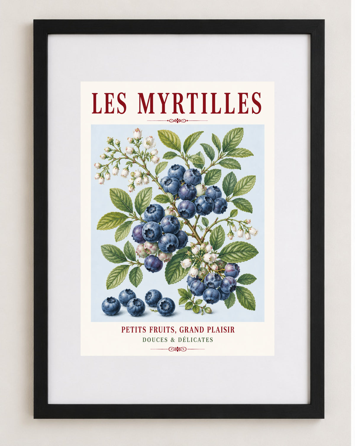 French Blueberry Print - Les Myrtilles | French Kitchen Wall Art, Illustrated French, Botanical, French Country, Fruit Illustration, Country Kitchen, French Countryside, Cottage Style, Botanical Wall Art wall artwork.