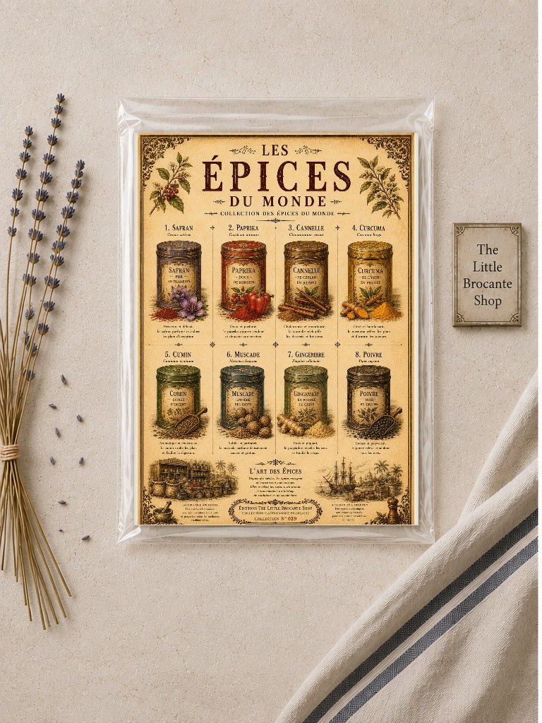 Les Épices du Monde Vintage French Spice Print | Kitchen Wall Art | Culinary Poster, French country wall artwork.