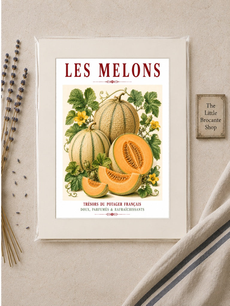 Illustrated French Melon Print | French Kitchen Wall Art, Illustrated French, Botanical, French Country, Provençal, Fruit Illustration, Kitchen Garden, French Kitchen, Mediterranean, Country Kitchen, Botanical Wall Art wall artwork.