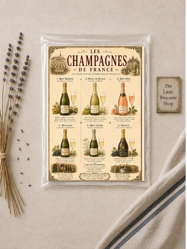 Les Champagnes de France Vintage French Champagne Print | Bar & Dining Room Wall Art, French country wall artwork.