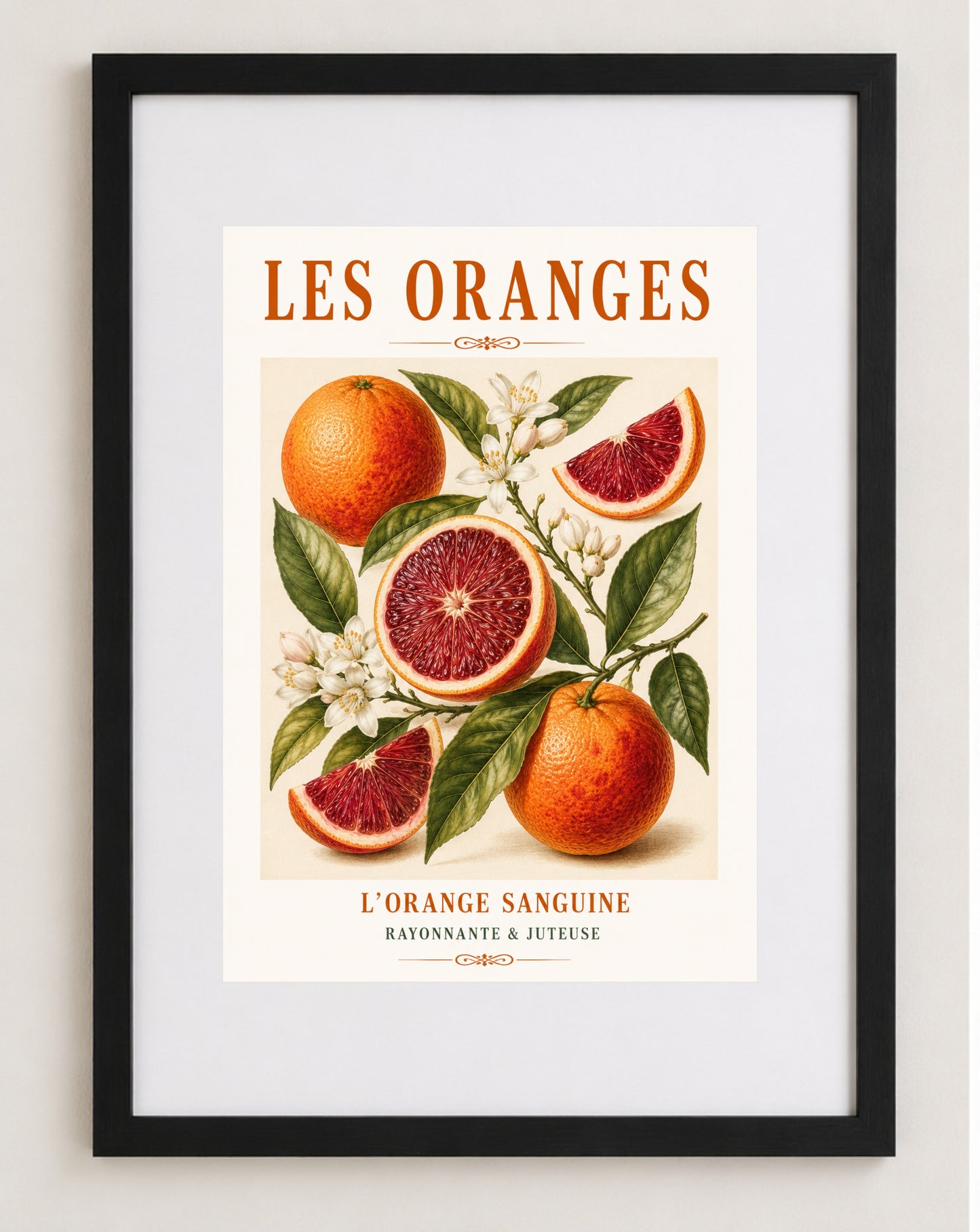 L’Orange Sanguine – Illustrated French Blood Orange Print | French Kitchen Wall Art, Illustrated French, Botanical, French Country, Mediterranean, Country Kitchen, Fruit Illustration, European Kitchen wall artwork.