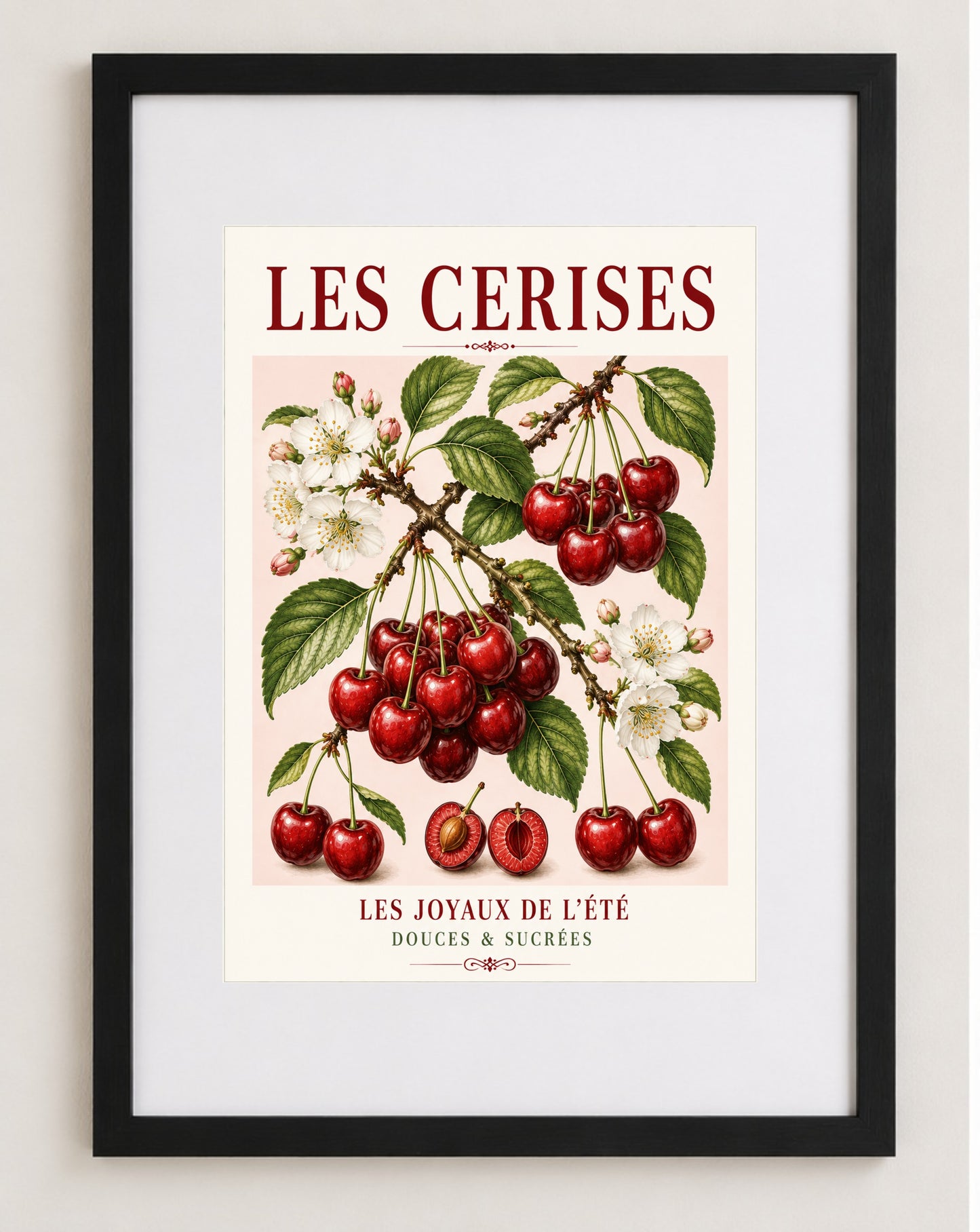 Les Cerises – Illustrated French Cherry Print | French Kitchen Wall Art, Illustrated French, Botanical, French Country, Country Kitchen, Fruit Illustration, European Kitchen, Cottage Style wall artwork.