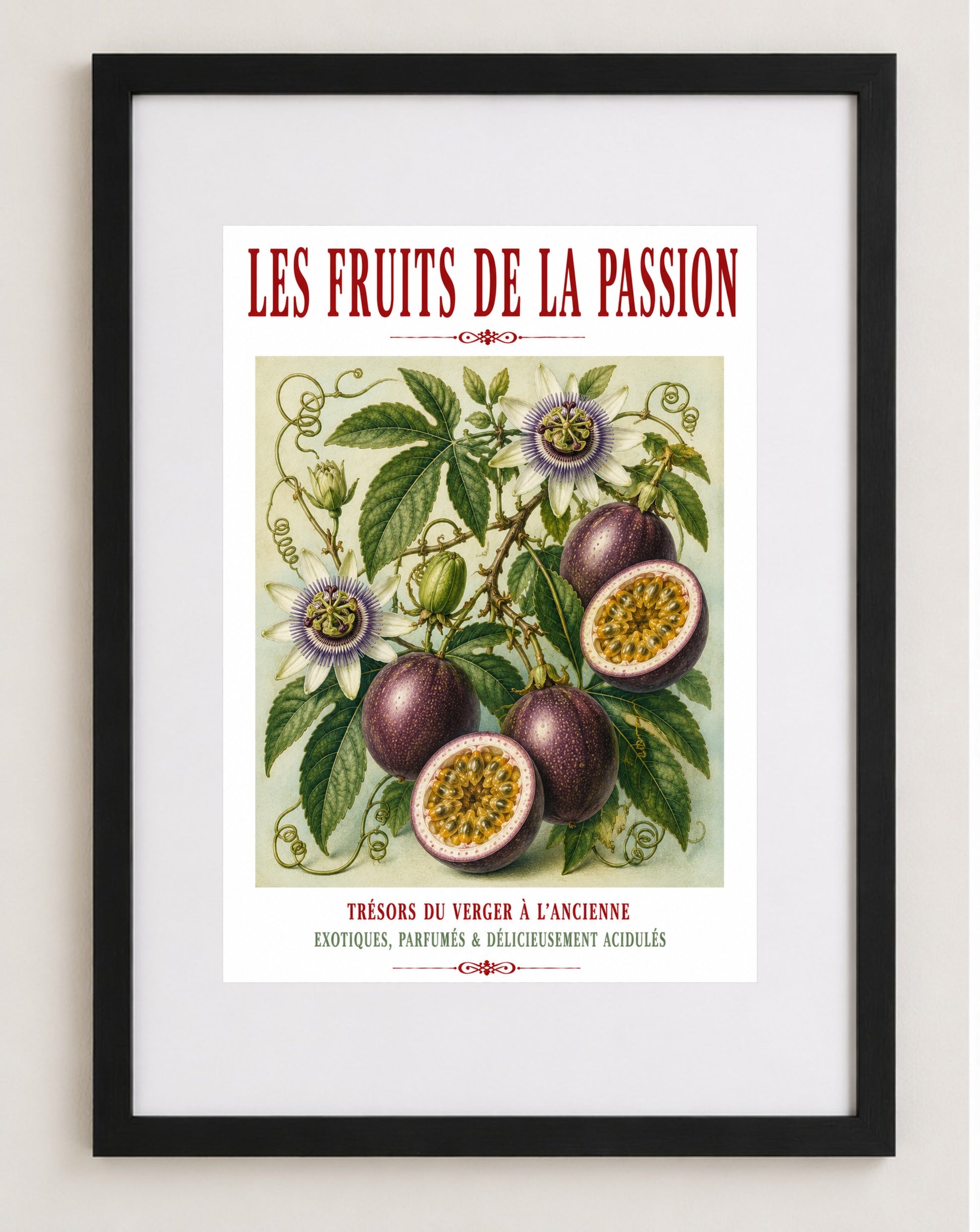 Illustrated French Passion Fruit Print | French Kitchen Wall Art, Illustrated French, Botanical, French Country, Exotic Botanical, French Kitchen, Traditional Botanical Illustration, Country Kitchen, Cottage Style, Botanical Wall Art wall artwork.