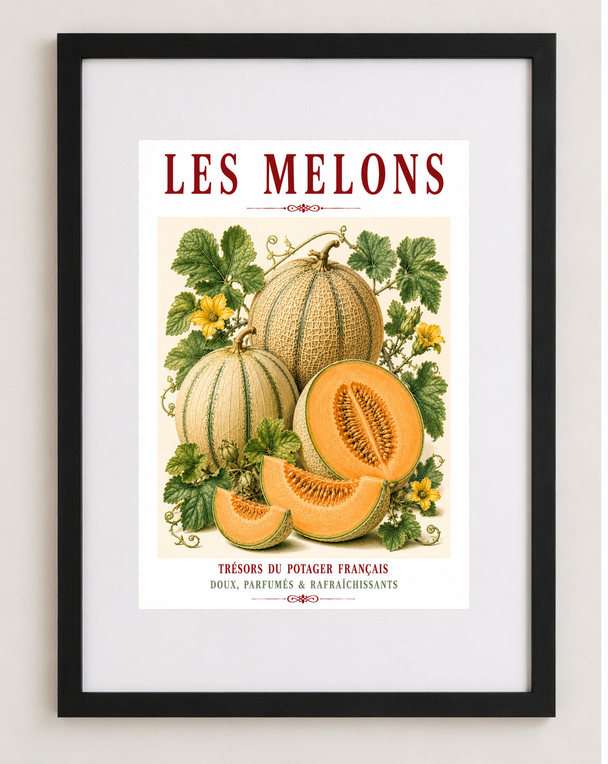 Illustrated French Melon Print | French Kitchen Wall Art, Illustrated French, Botanical, French Country, Provençal, Fruit Illustration, Kitchen Garden, French Kitchen, Mediterranean, Country Kitchen, Botanical Wall Art wall artwork.