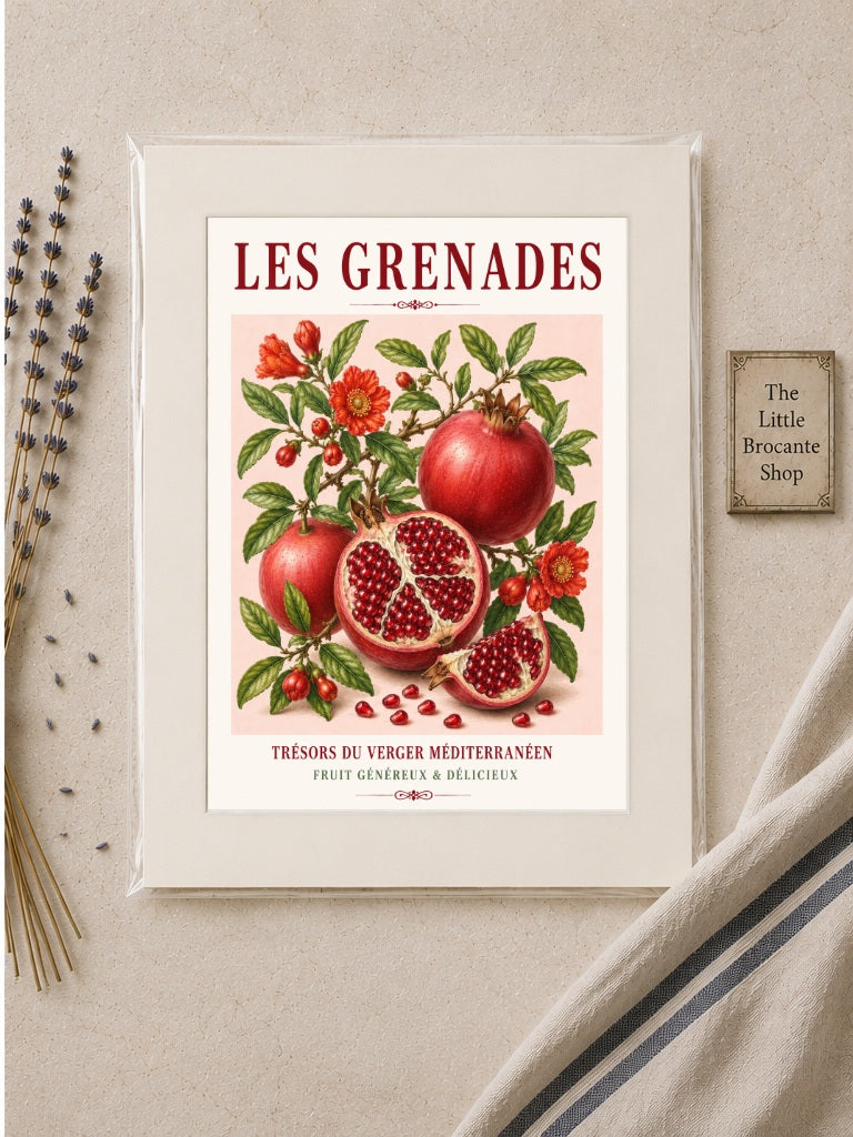 French Pomegranate Illustrated Print | French Kitchen Wall Art, Illustrated French, Botanical, Mediterranean, French Country, Fruit Illustration, Country Kitchen, French Countryside, Botanical Wall Art wall artwork.