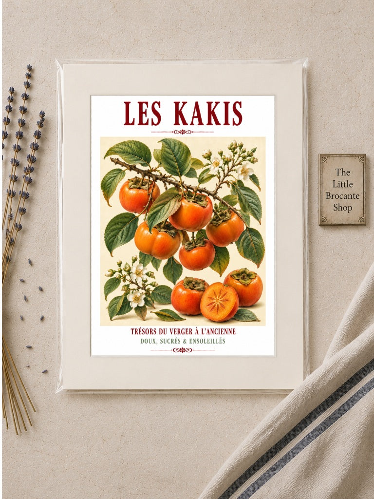 Illustrated French Persimmon (Sharon Fruit) Print | French Kitchen Wall Art, Illustrated French, Botanical, French Country, Orchard Inspired, Fruit Illustration, Mediterranean, French Kitchen, Country Kitchen, Cottage Style, Botanical Wall Art wall artwork.